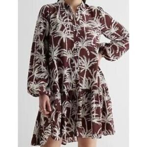 Express NWT Brown & white palm mini shirt dress Oversized flowy L/S tiered hem